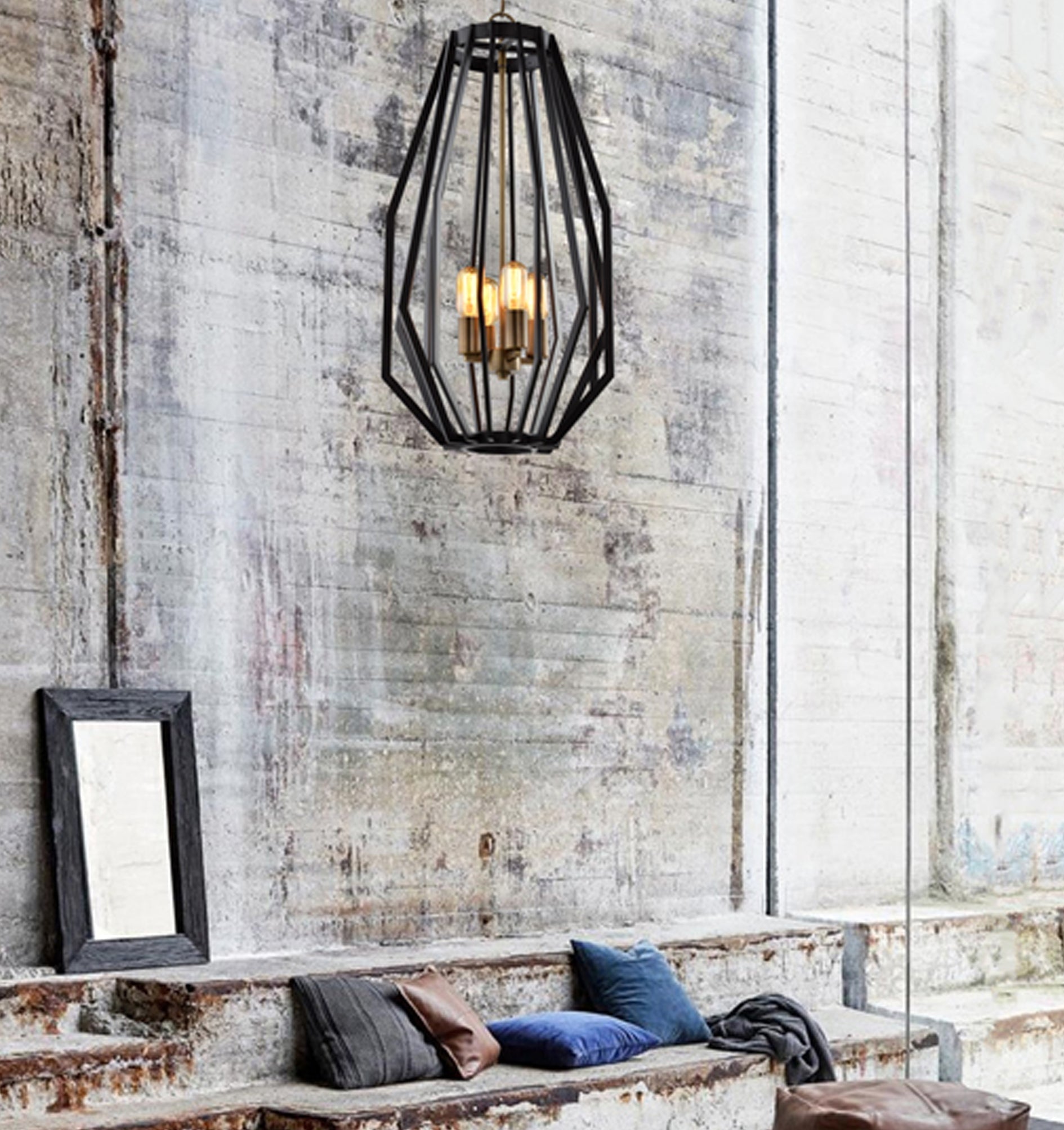 GAMBA: Industrial Rustic Narrow Angular Cage Pendant Lights
