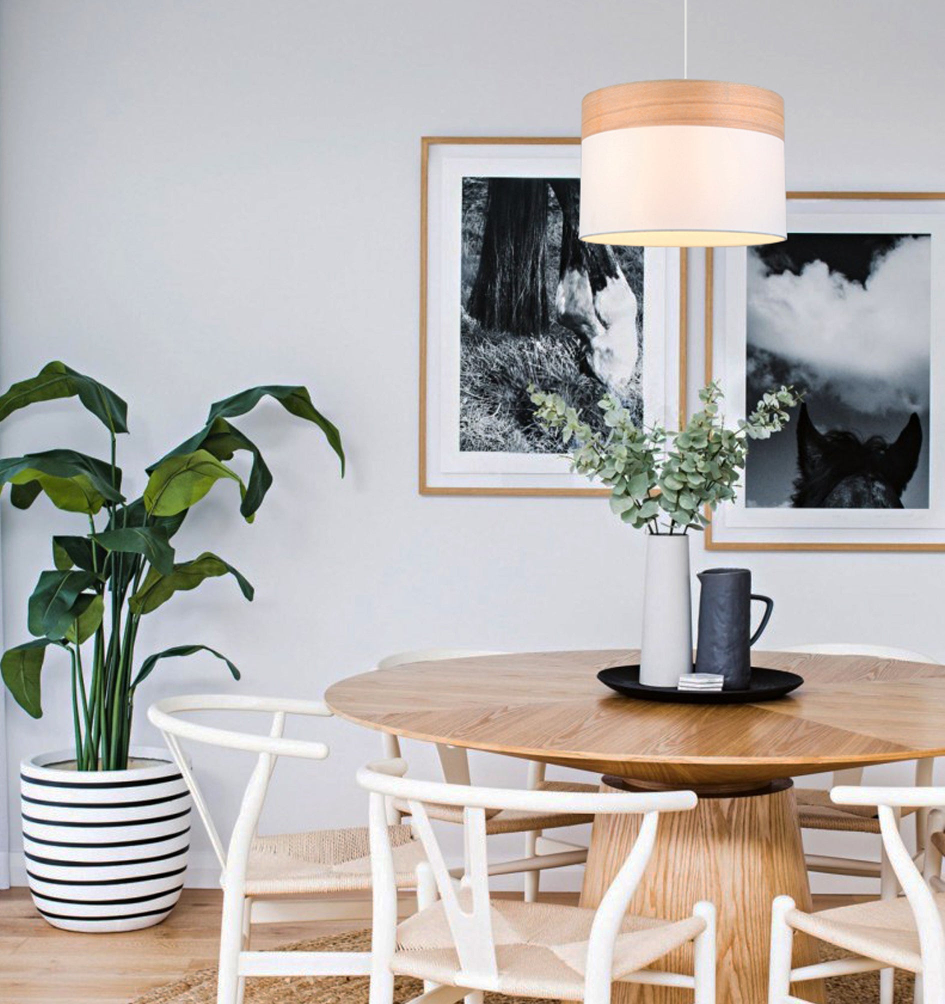 TAMBURA: Scandinavian Medium Drum Cloth Shade with Wood Veneer Trim Pendant Lights