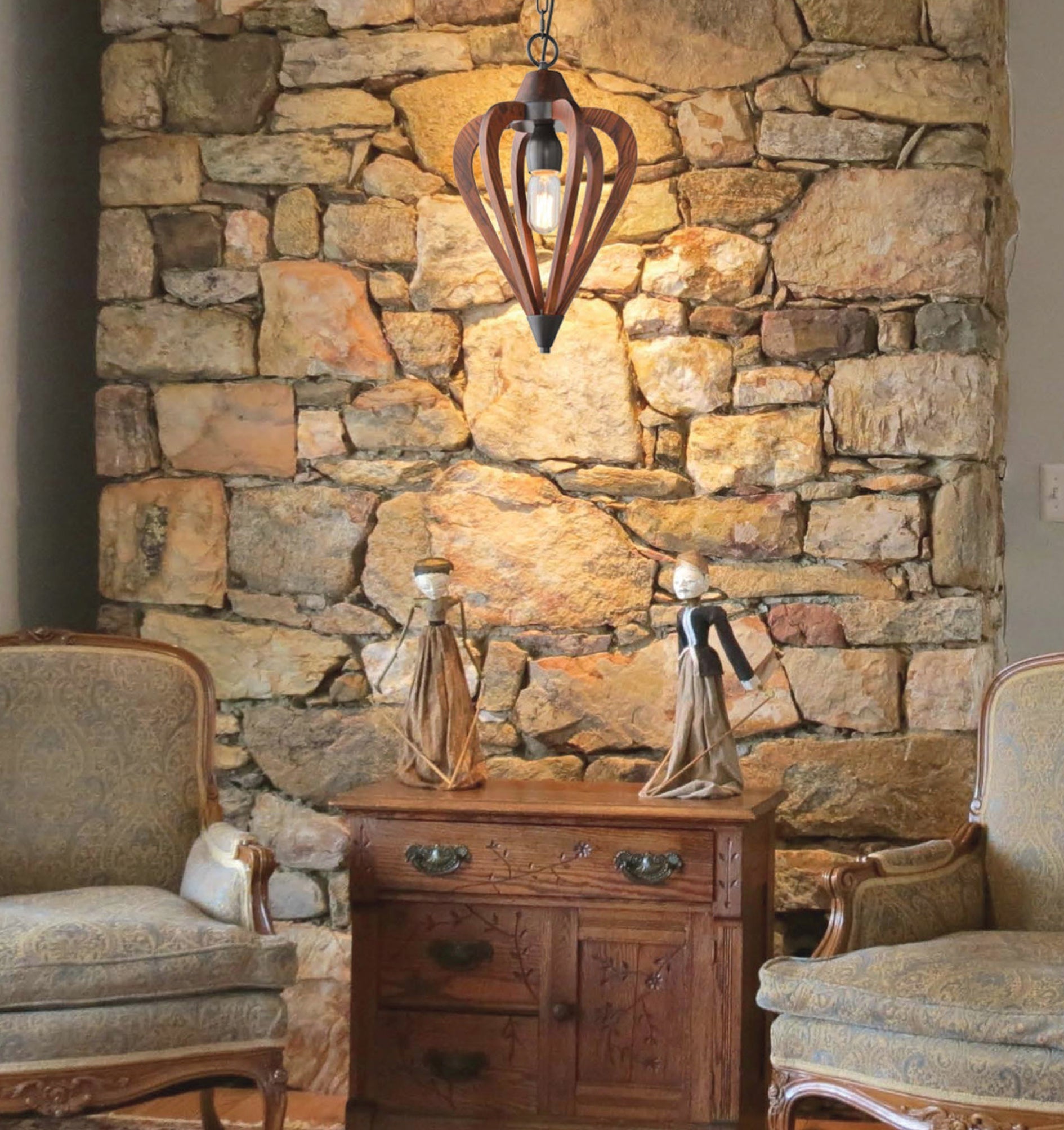 SENORITA: Rustic Small Tuscan Coffee Cherry / Winter Moss Wood Pendant Light