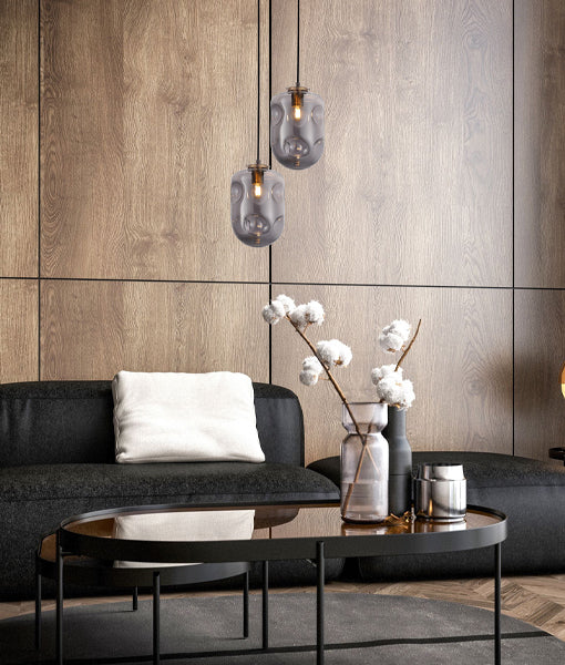 FOSSETTE: Interior Dimpled Smoked Mirror Effect Oblong Glass Pendant Light