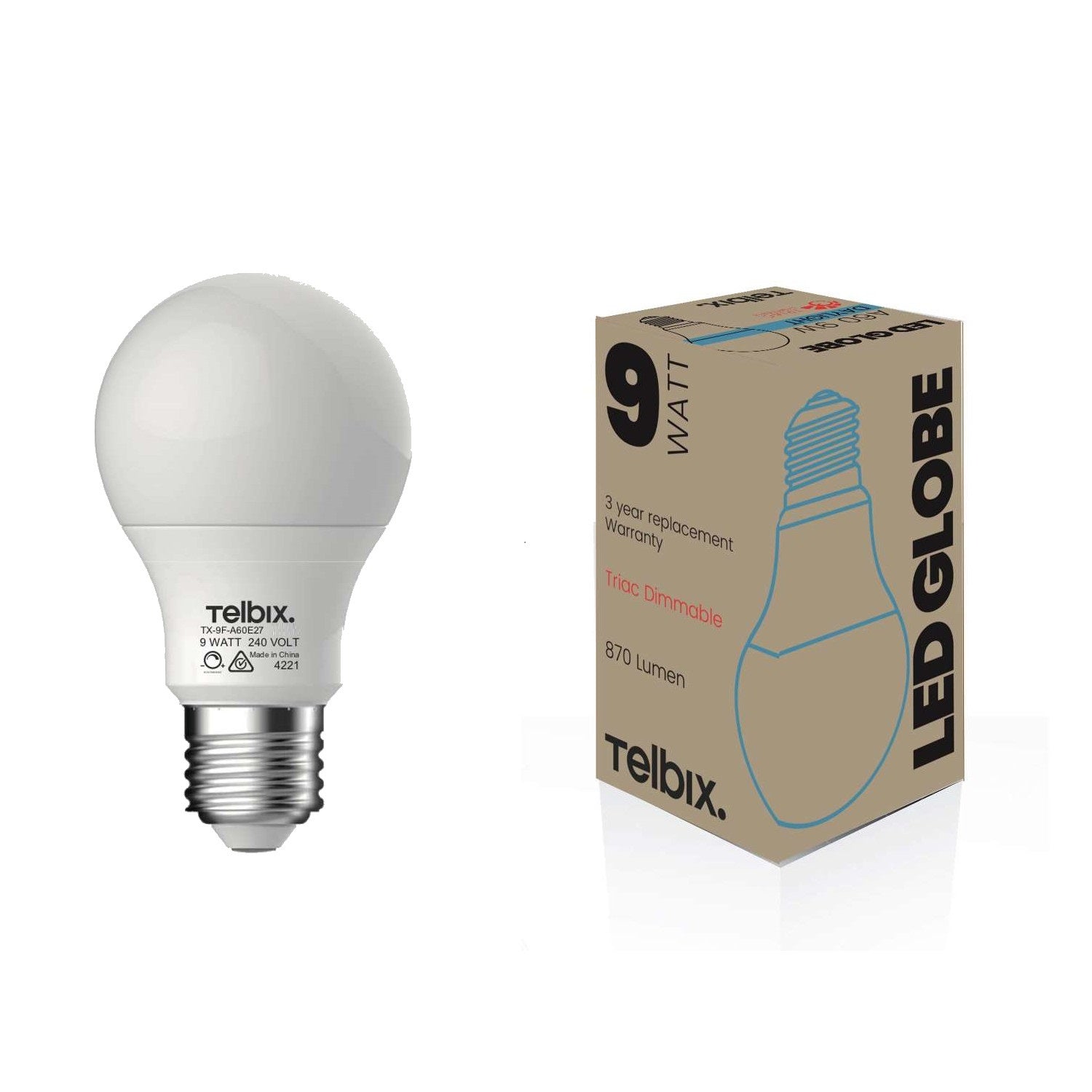E27 A60 9W LED GLOBE OPAL DIM